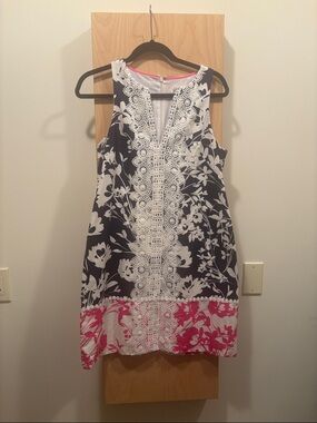 Eliza J Navy, White & Pink Floral Lace-Trim Sleeveless Shift Dress